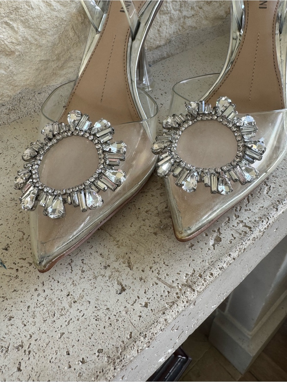 Gianni Bini Clear PVC Pointed Toe Slingback Heels with Crystal Medallion - Nude - Picture 2 of 5